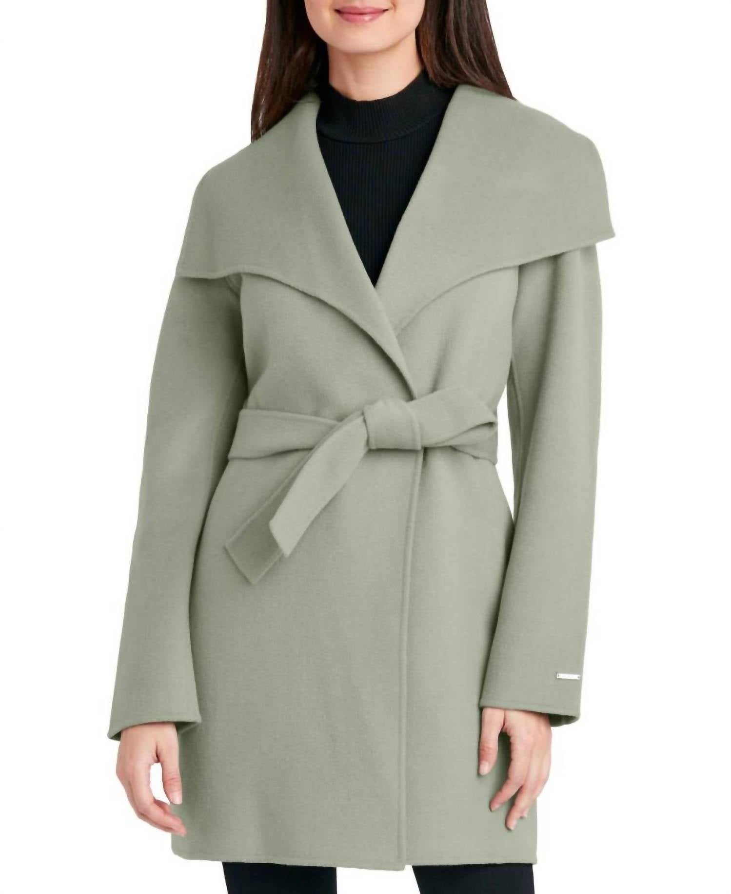 Women Tie Belt Wing Collar Wool Wrap Coat