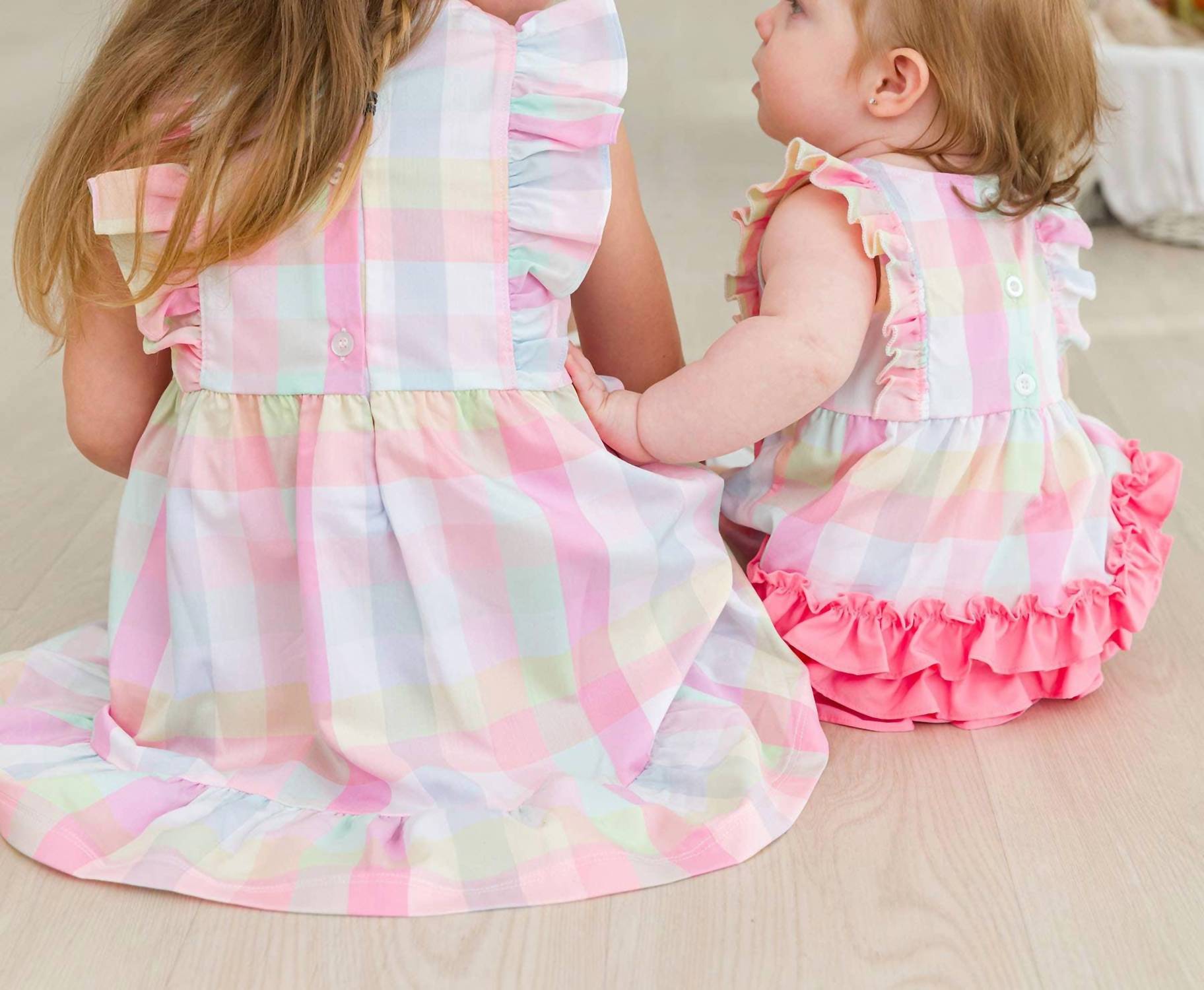 Rufflebutts - Girls Picnic Plaid Pinafore Bow Dress
