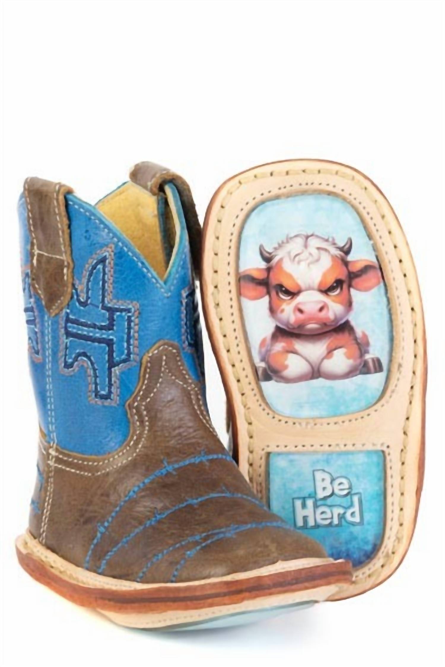 Tin Haul Kids No Fences Leather Square Toe Be Herd Boot in brown blue - kids' boots