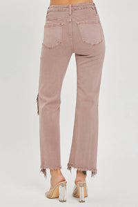 RISEN High Rise Knee Distressed Straight Pants in mauve - women's jeans - view 5