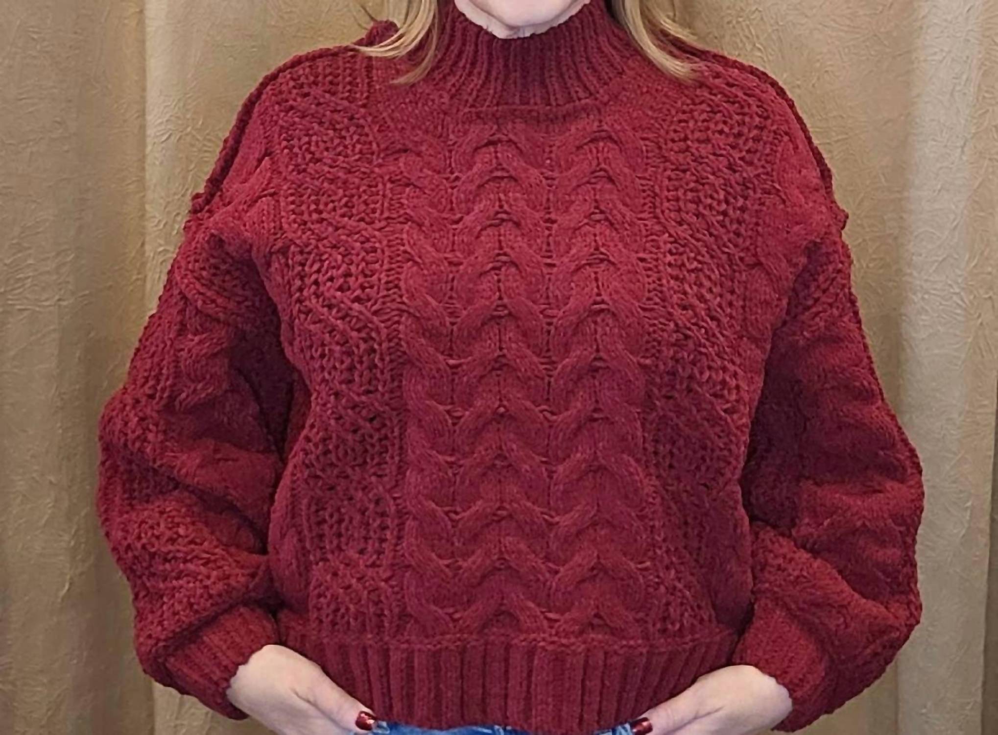 ZENANA Knitted Long Sleeve Sweater in cabernet - women's sweater