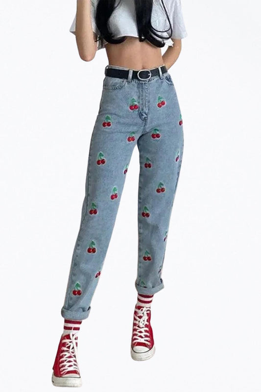 HIGH-RISE CHERRY-EMBROIDERED TAPERED JEANS