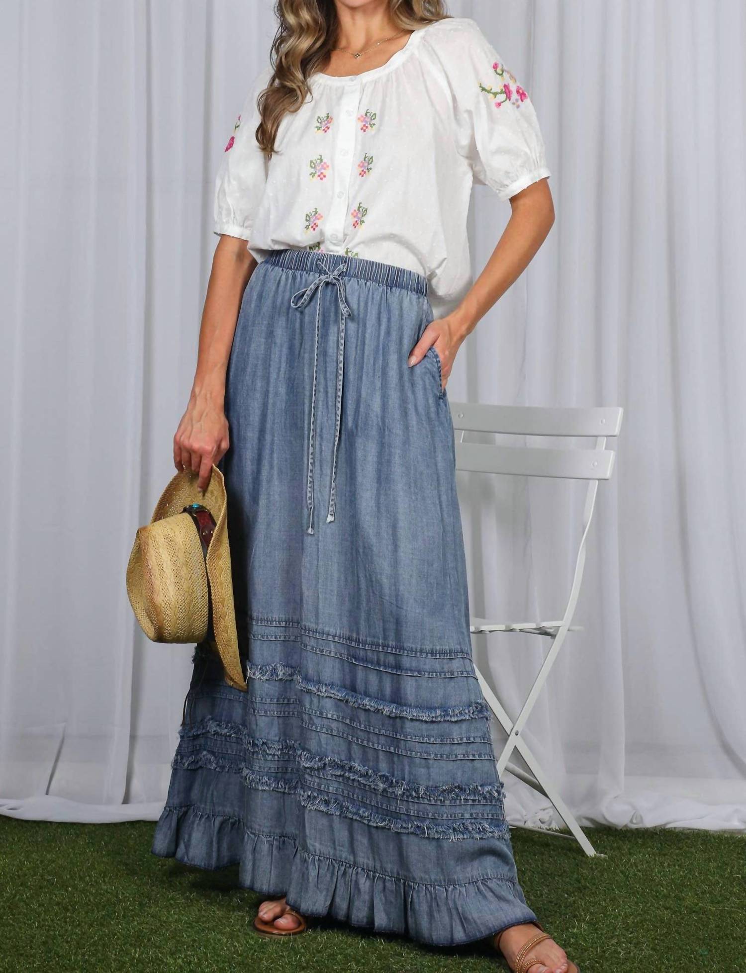 Vine & Love - Ruffle Frayed Hem Maxi Skirt