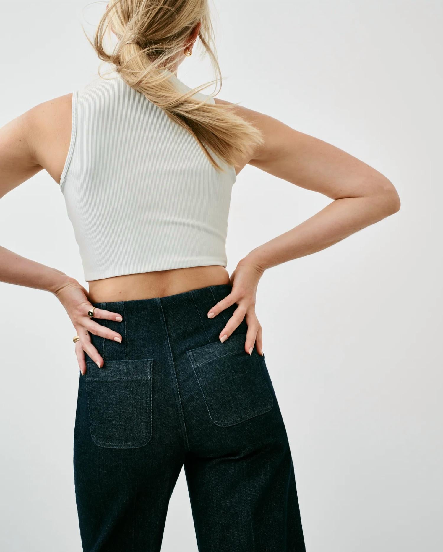 Spanx Zero Waistband Crop Wide Legged Jeans in raw indigo wash - women's jeans - detail view