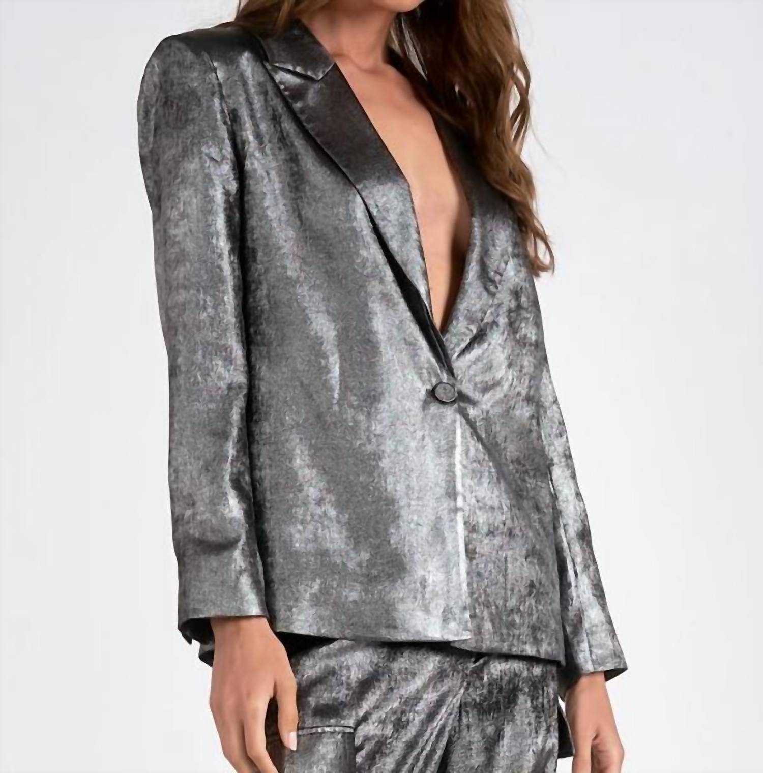 ELAN Shimmer Boyfriend Blazer in silver - women's jacket - detail view