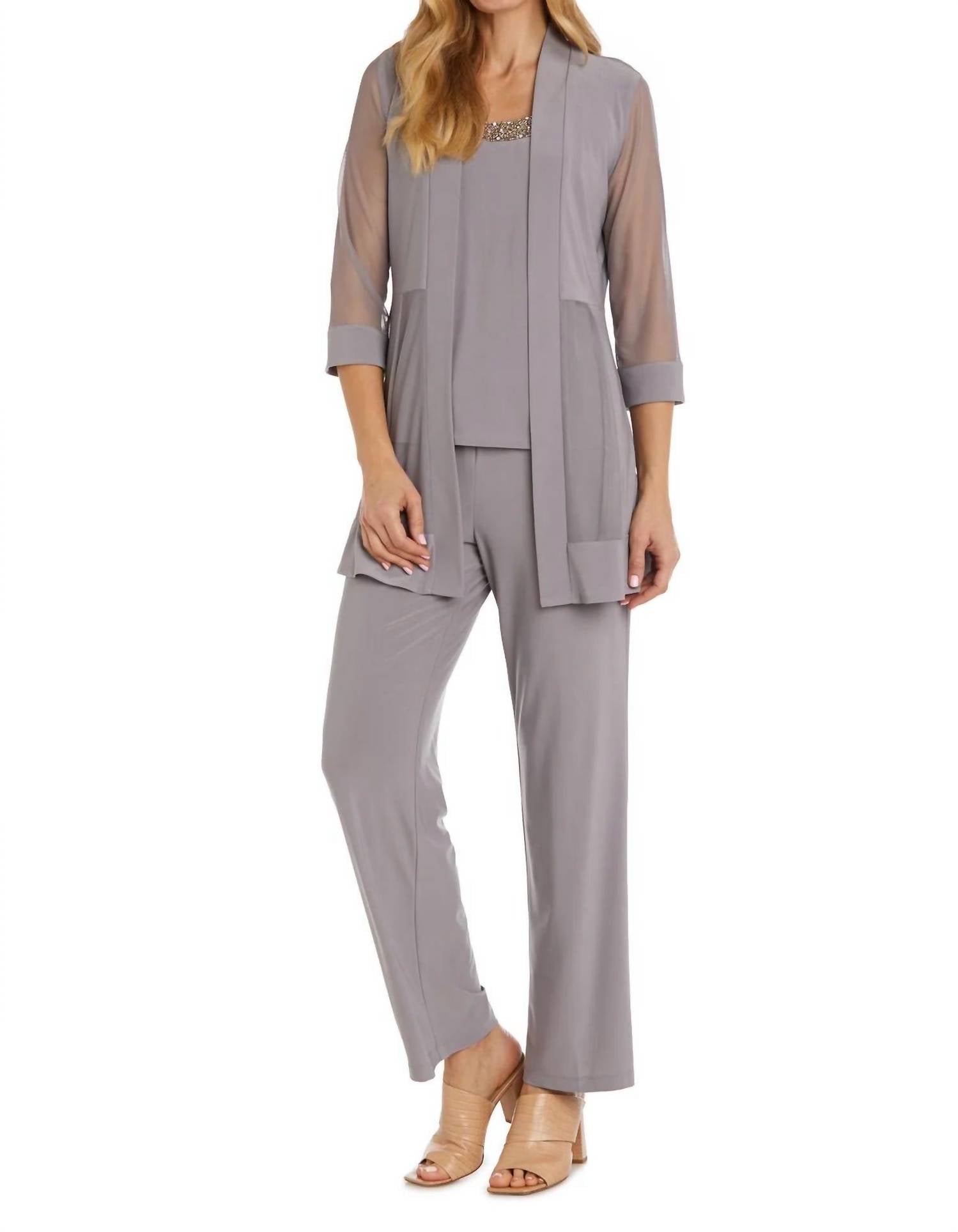 R&M Richards - Pants Suit Sleeveless Top With Soft-cut Draped Lapel Mesh Jacket Set