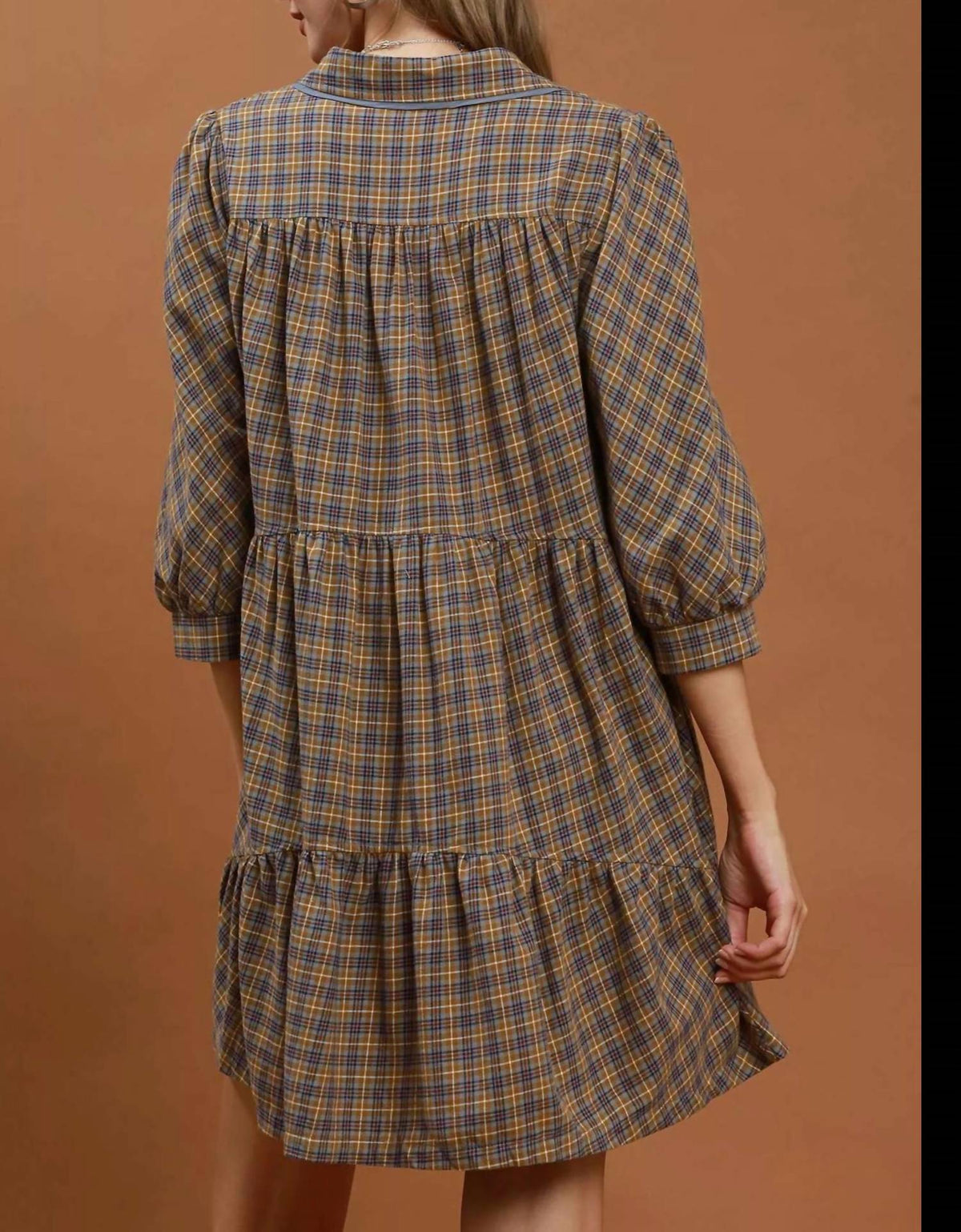 Umgee - Checkered Button Down Puff Sleeve Tiered Dress
