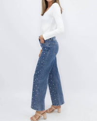 Southern Grace - Pearl Embellished High Rise Wide Leg Jeans