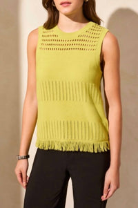 Tribal - Sleeveless Fringe Hem Crew Neck Sweater