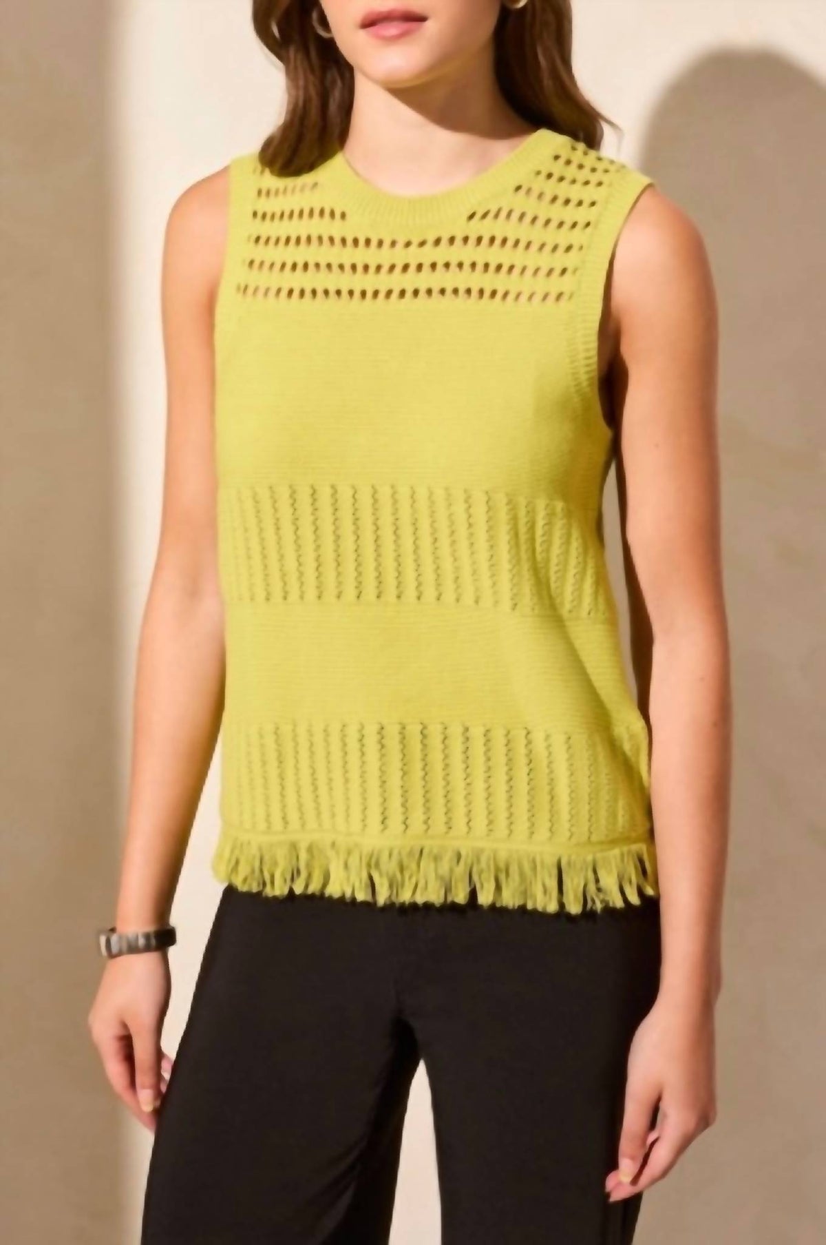 Tribal - Sleeveless Fringe Hem Crew Neck Sweater