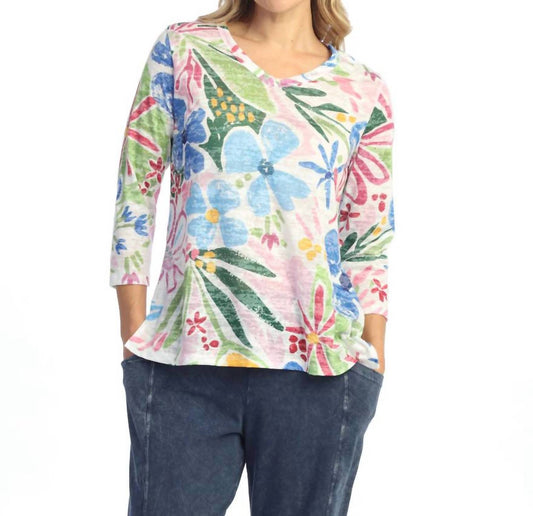 Jess & Jane - Rosy Abstract Print Burnout V-neck Top