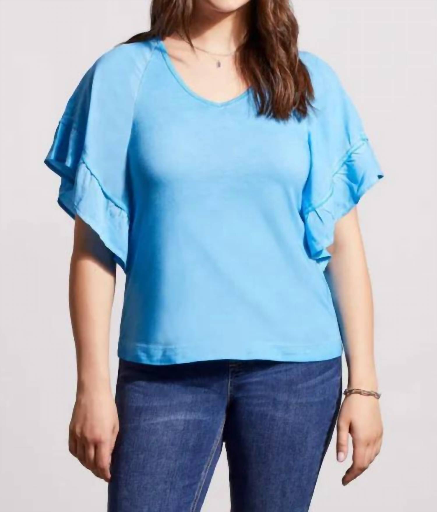 TRIBAL V-neck Raglan Combo Sleeve Top in azure - women's t-shirt