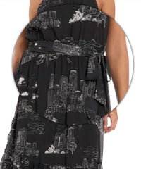 London Times - Elina Printed Toile Halter Ruffle Midi Dress