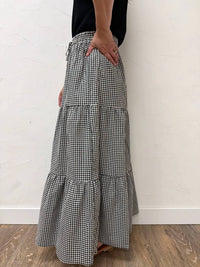 Vine & Love - Plaid Tiered Ruffled Drawstring Maxi Skirt