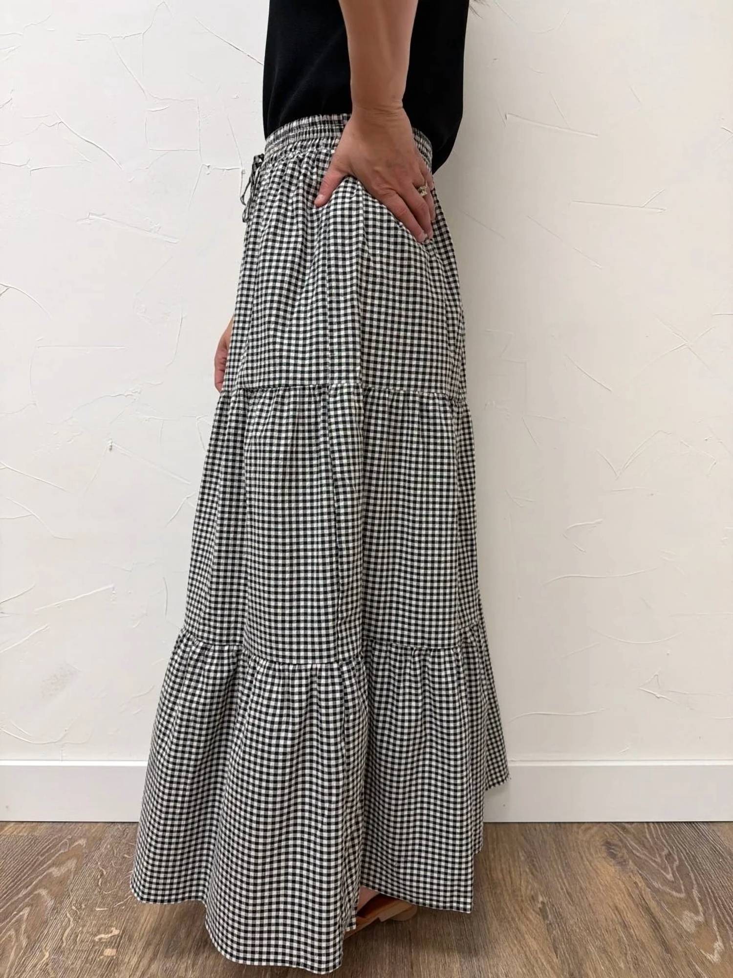 Vine & Love - Plaid Tiered Ruffled Drawstring Maxi Skirt