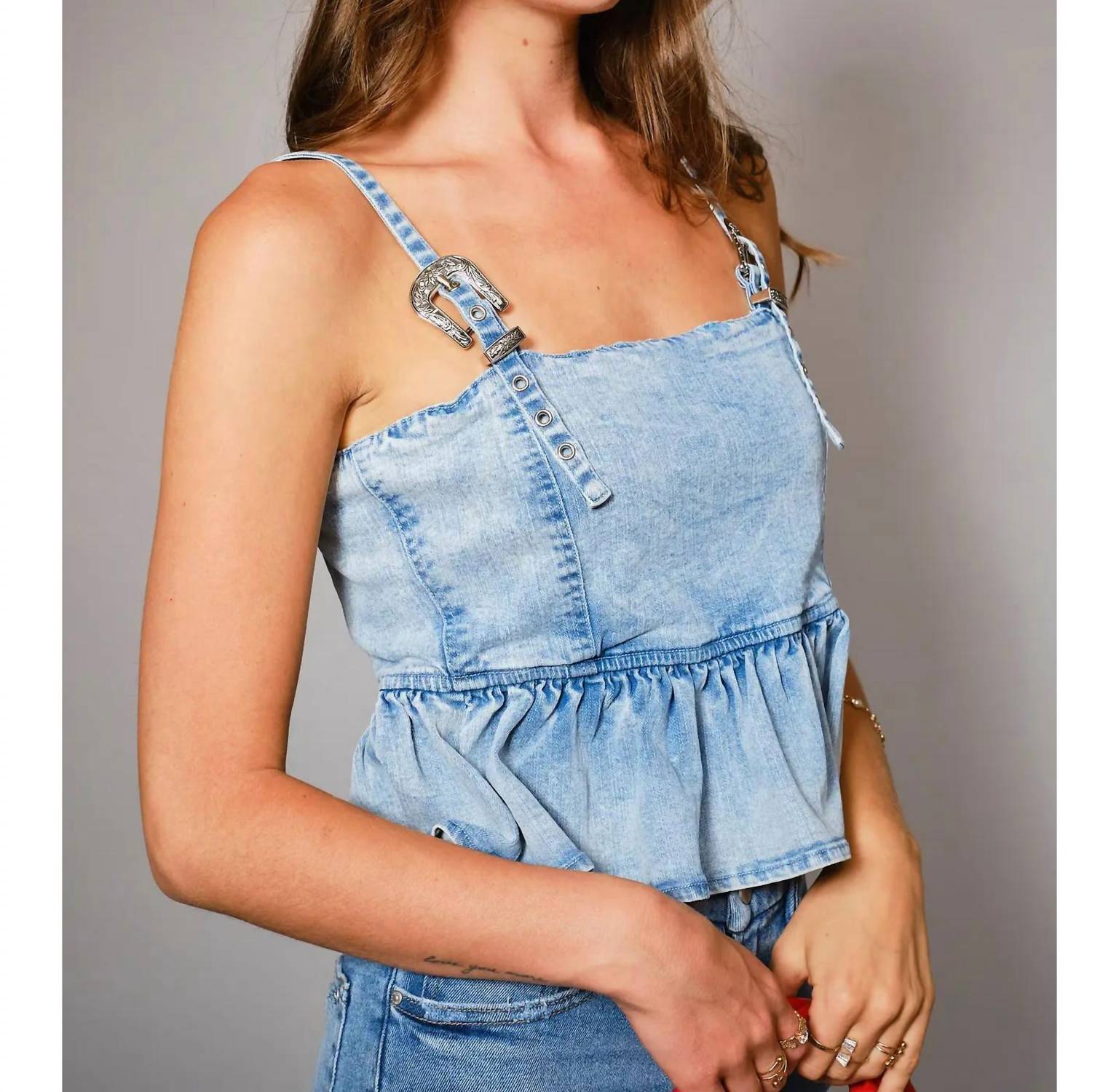 Blue B - Western Denim Buckle Peplum Tank