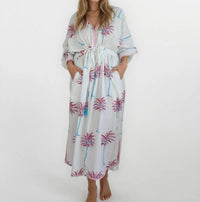 NIBI MTK Rio Kaftan Dress in pink blue palms - women's dress