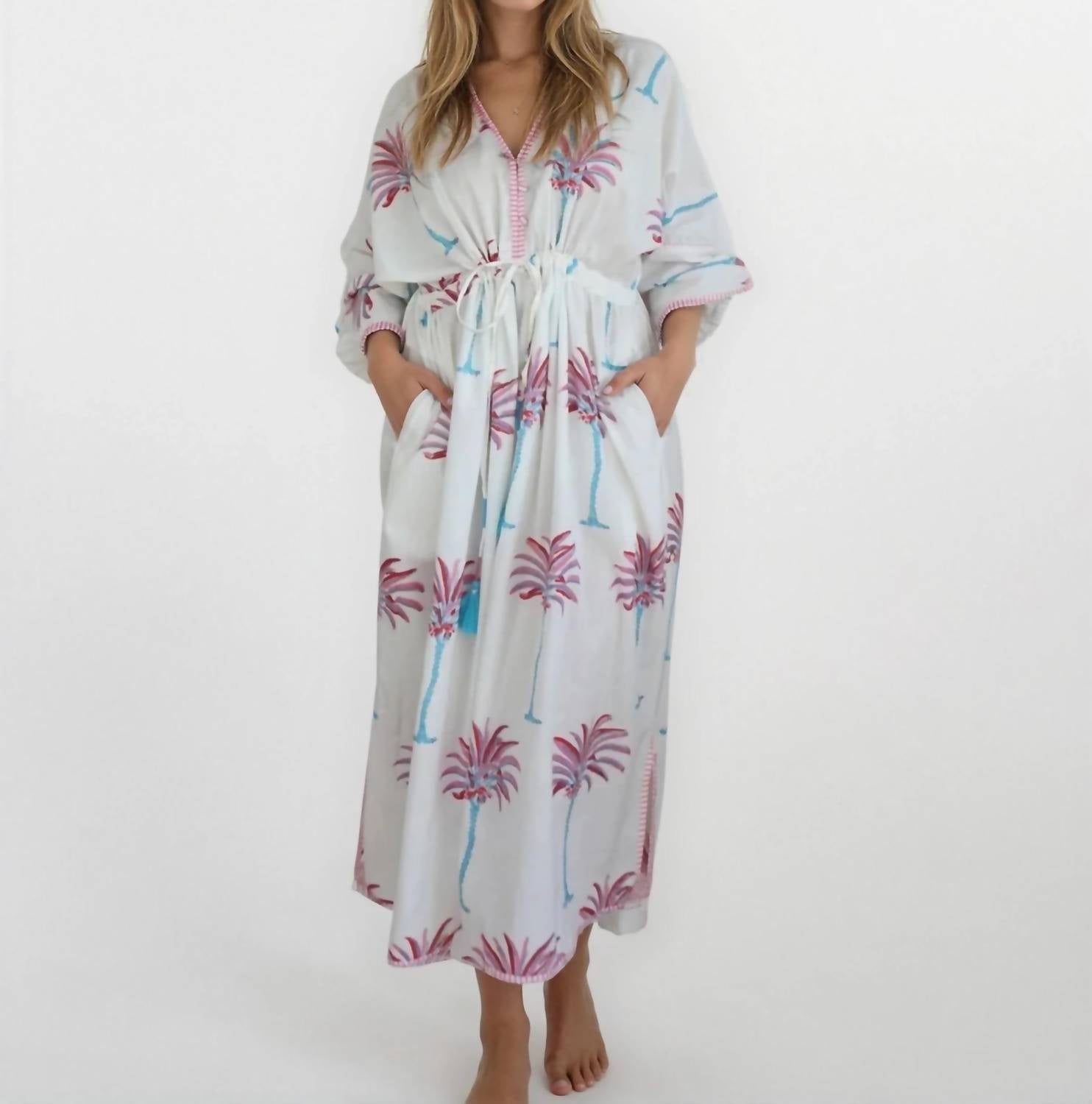 NIBI MTK Rio Kaftan Dress in pink blue palms - women's dress