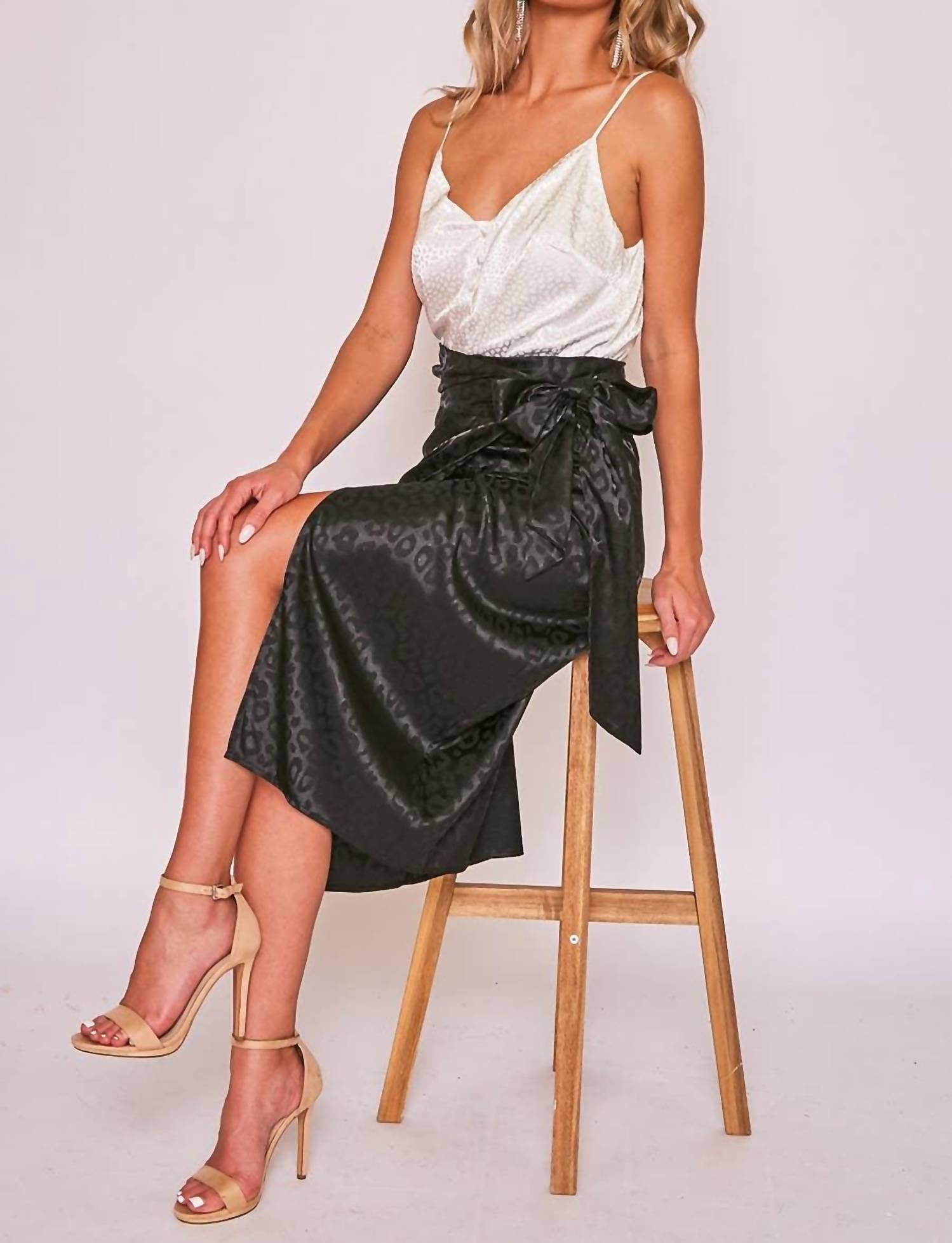 Vine & Love Jacquard Leopard Print Wrap Midi Skirt in black - women's skirt - view 5