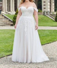 MORILEE Elysia Off The Shoulder A-line Wedding Dress - Plus in ivory almond honey - women's dress