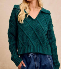 BiBi Diamond Patterned Collared Sweater Top in hunter - women's sweater - view 5
