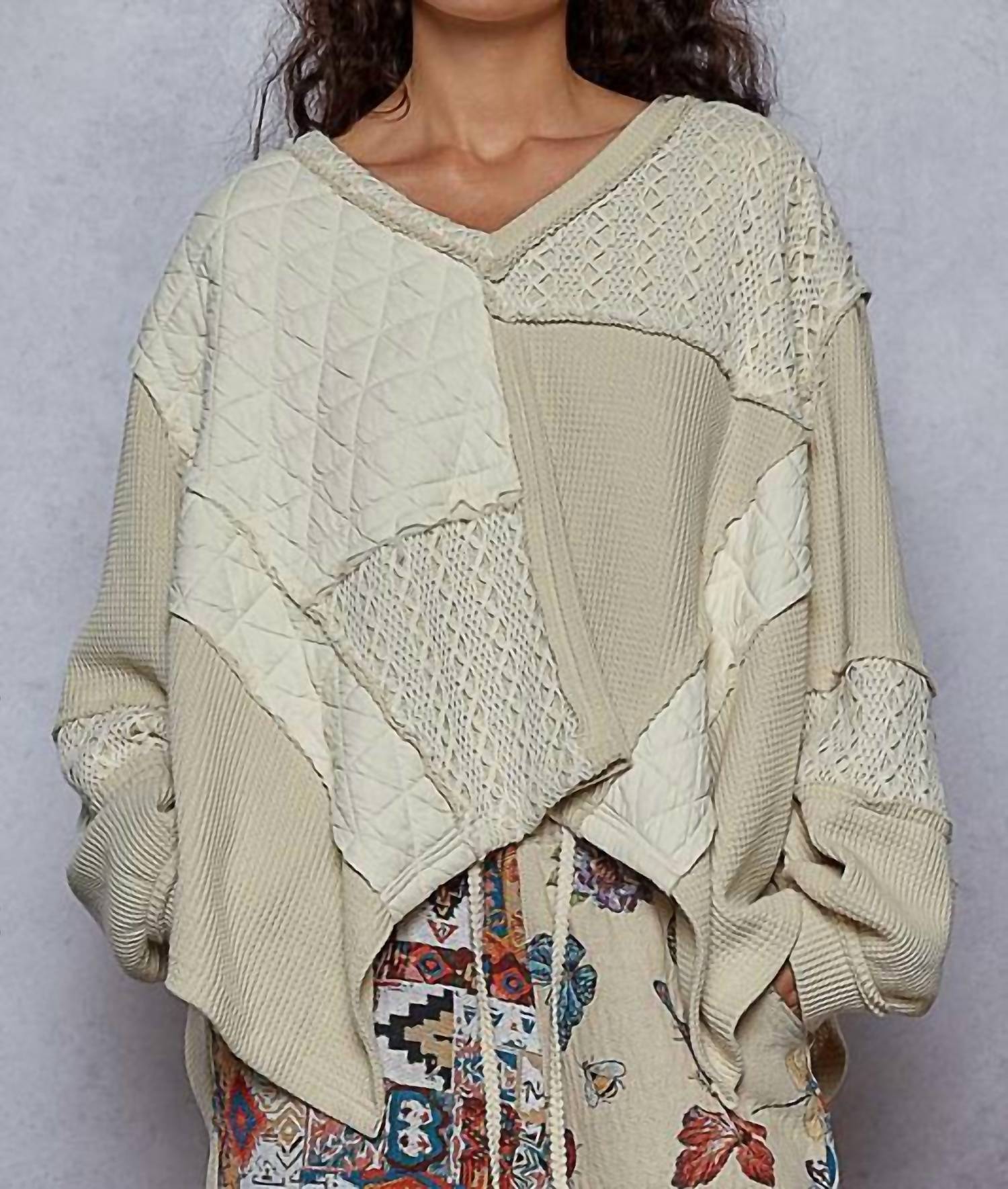 Pol - Patchwork Long Sleeve V Neck Top