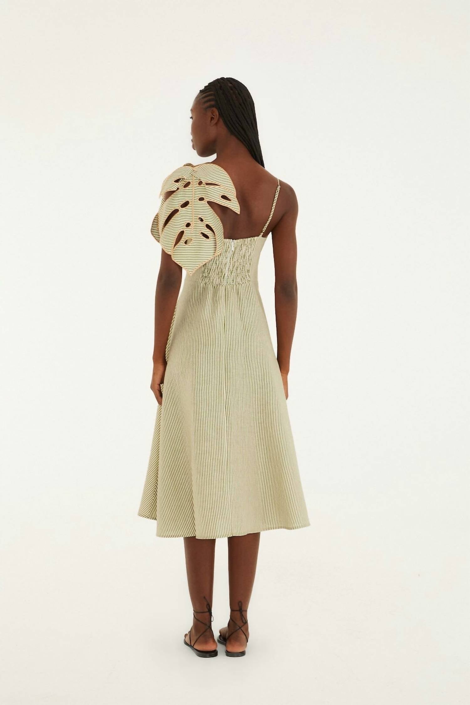 Farm Rio - Striped Monstera Leaf Sleeveless Midi Dress