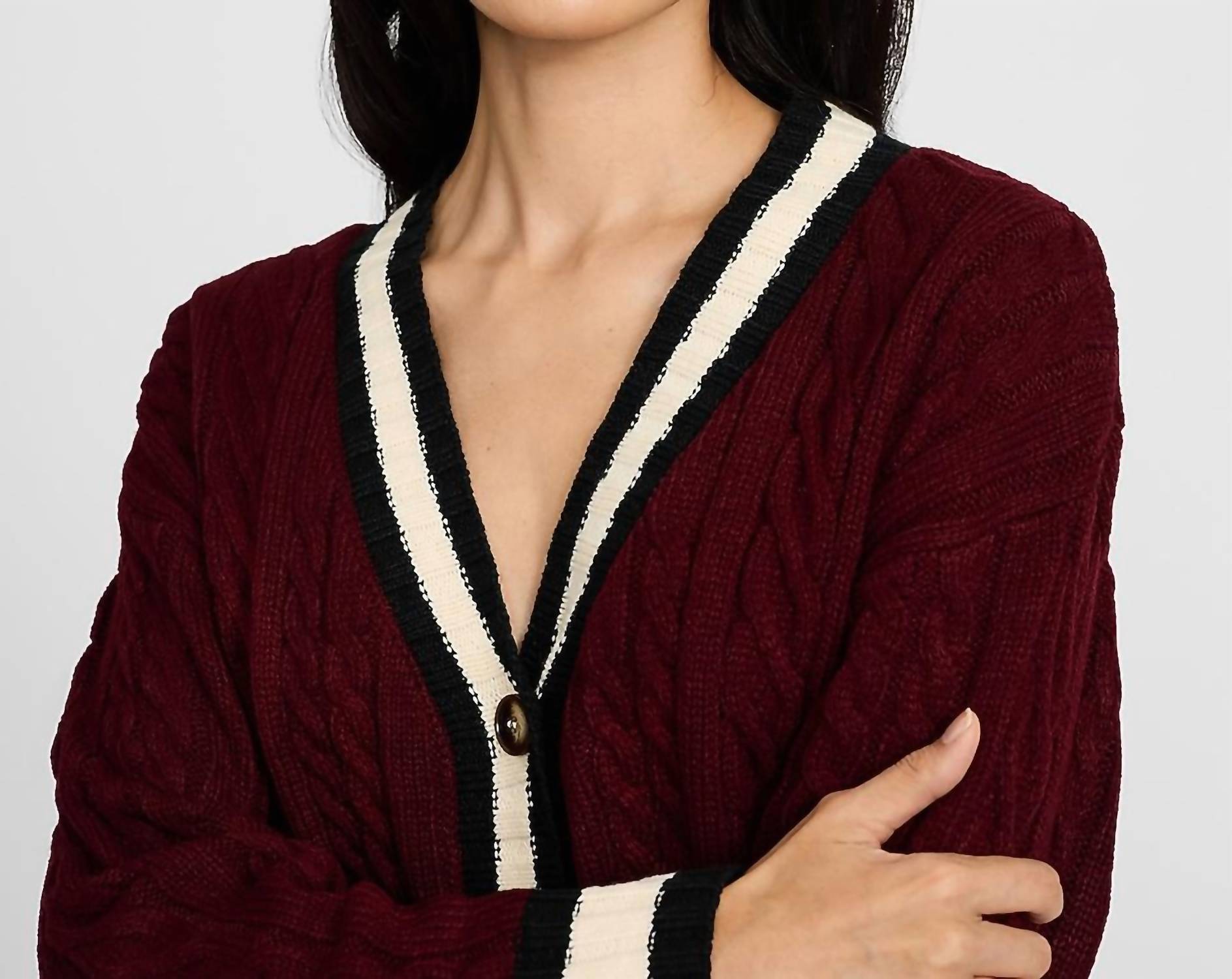 Blu Pepper Varsity Cable Knit Cardigan in burgundy - women's cardigan - alternate view