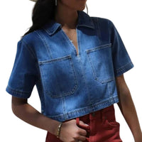 MIOU MUSE V-Neck Front Pocket Short Sleeve Top in medium denim 1 - women's blouse