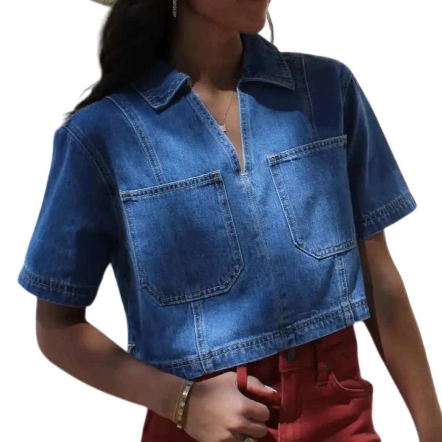 MIOU MUSE V-Neck Front Pocket Short Sleeve Top in medium denim 1 - women's blouse