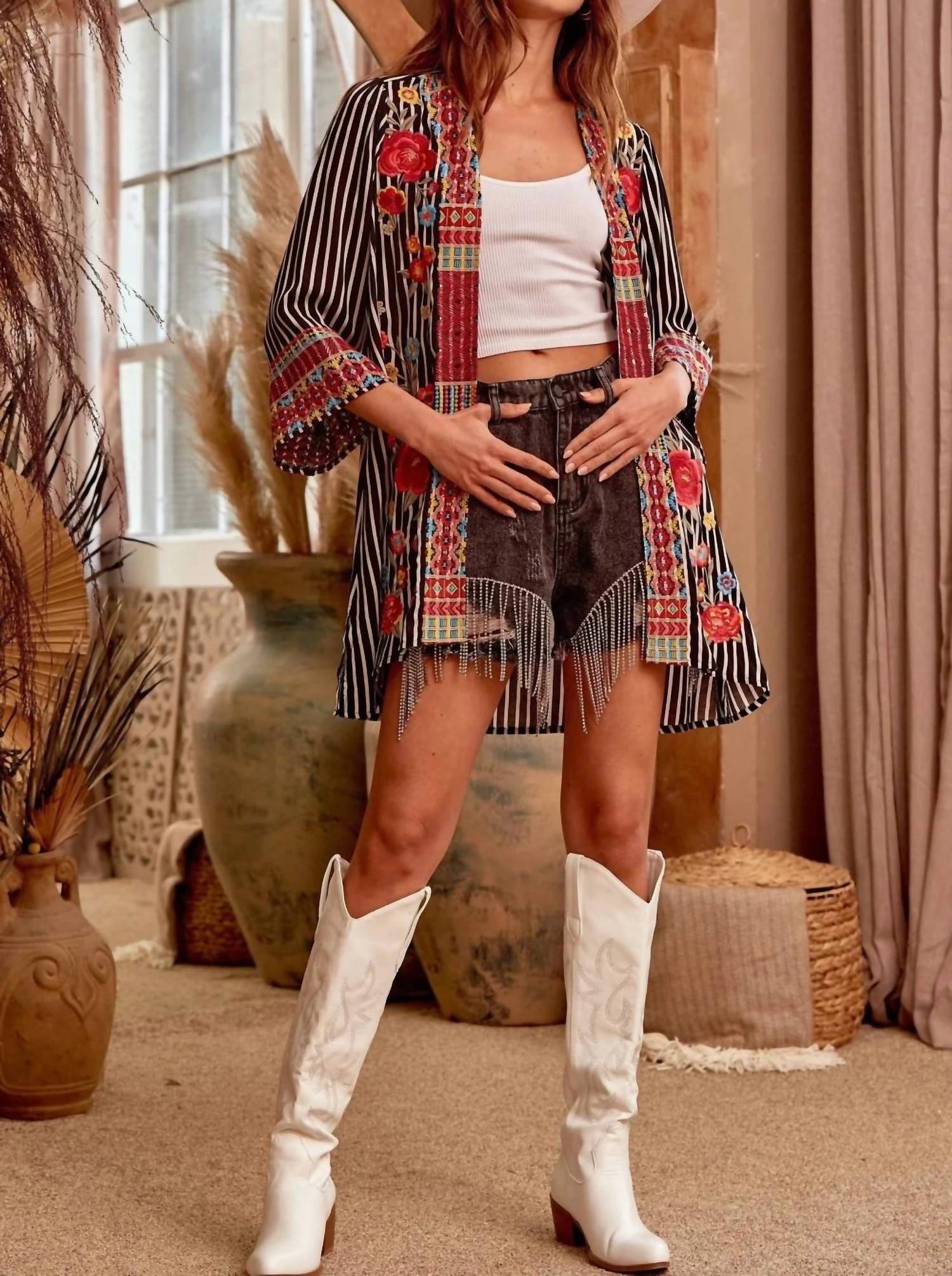 Andree By Unit - Embroidered Striped Cardigan