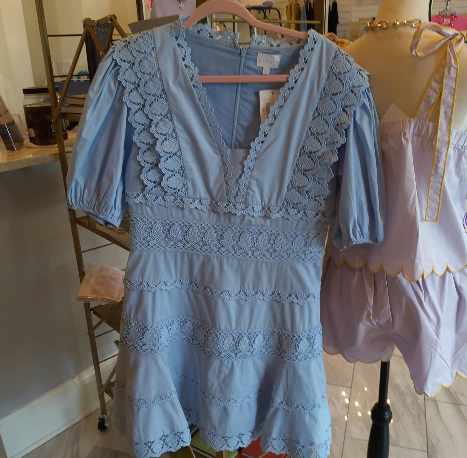 Karlie - Solid Lace Trim V Neck Dress