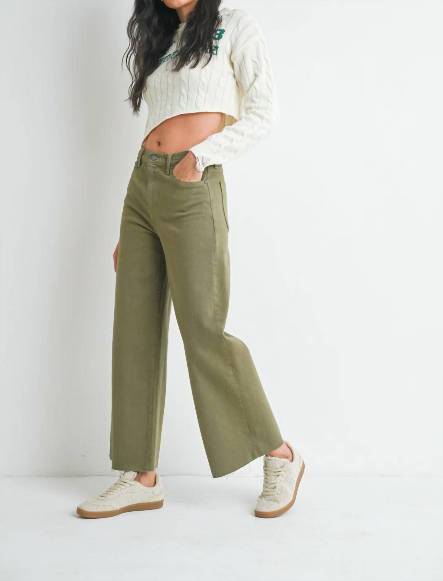 JUST BLACK DENIM Scissor Cut Wide Leg Jeans in matcha - women's jeans - detail view