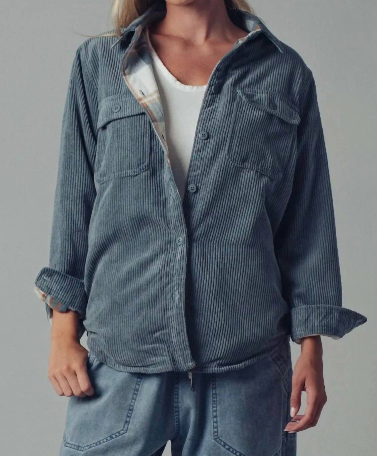 Urban Daizy - Plaid Lined Corduroy Flannel Shacket