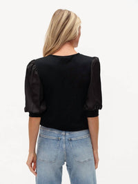 SIX/FIFTY Solara Mixed Media Satin Top in black - women's blouse - detail view