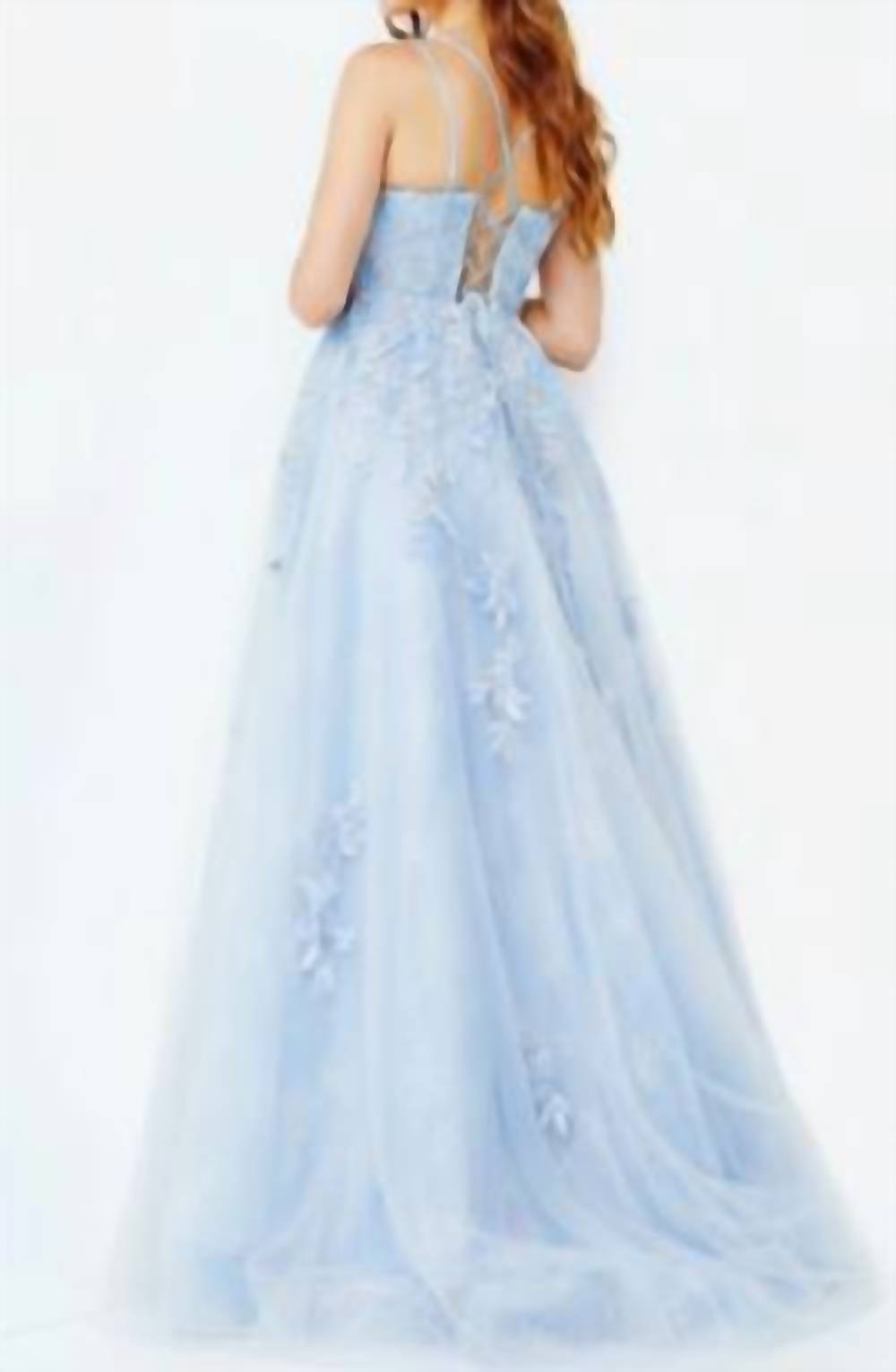 JOVANI Spaghetti Strap Embroidered Prom Gown in light blue - women's dress - alternate view