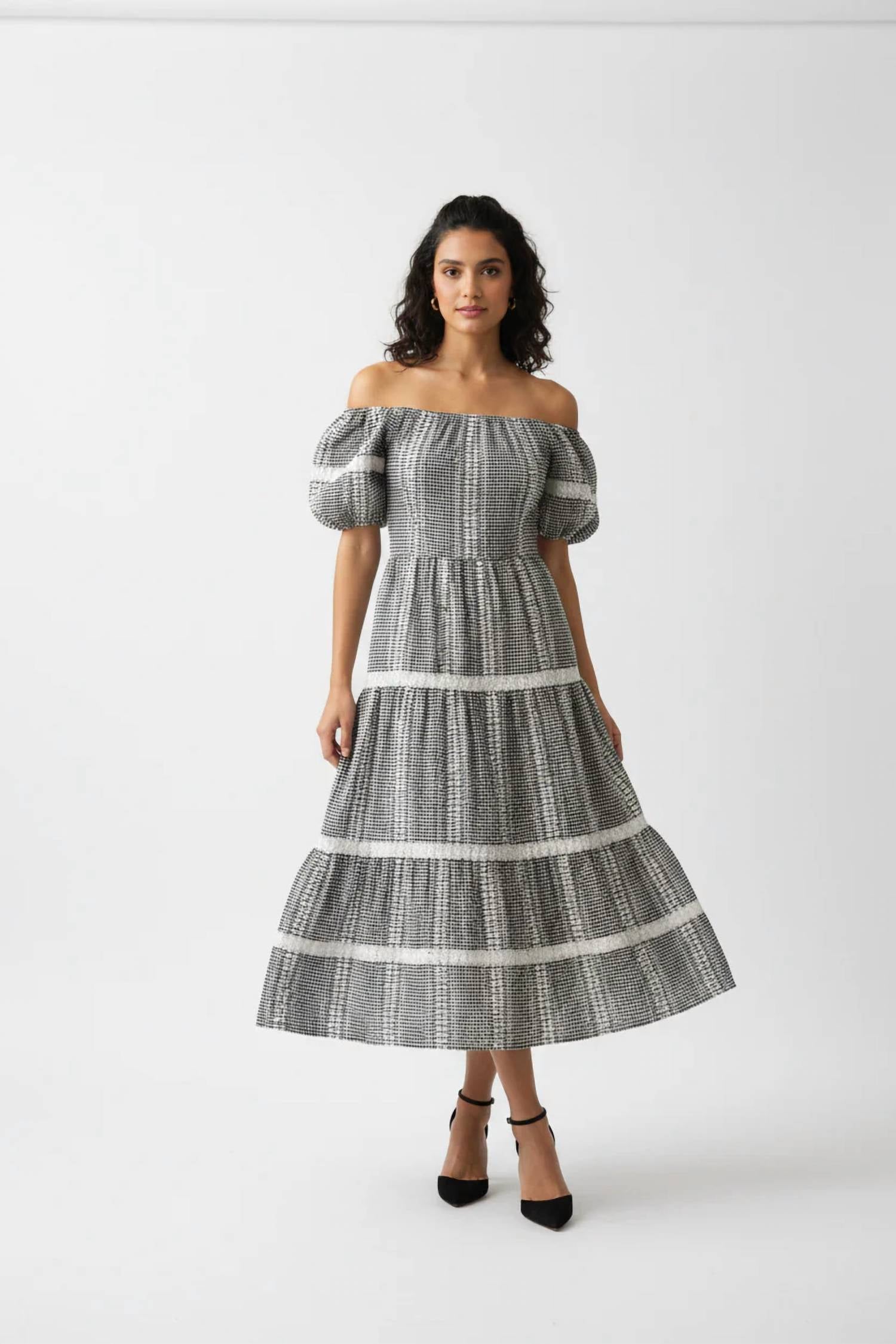 She + Sky - Embroidered Gingham Tiered Midi Dress