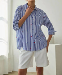 Skies Are Blue - Star Embroidered Striped Button-down Blouse