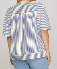 She + Sky - Bubble Sleeve Striped Woven Top