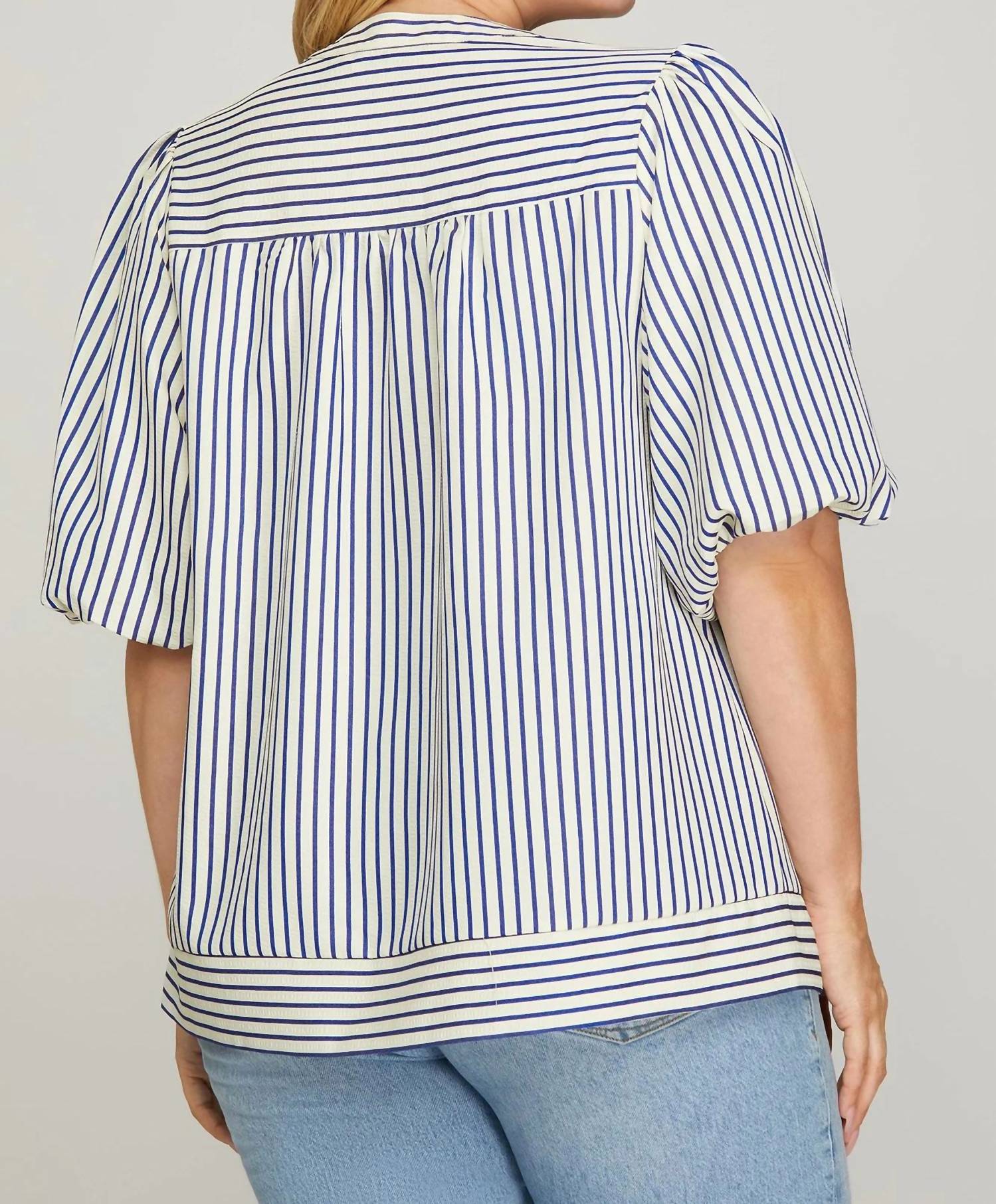 She + Sky - Bubble Sleeve Striped Woven Top