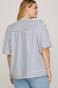 She + Sky - Bubble Sleeve Striped Woven Top