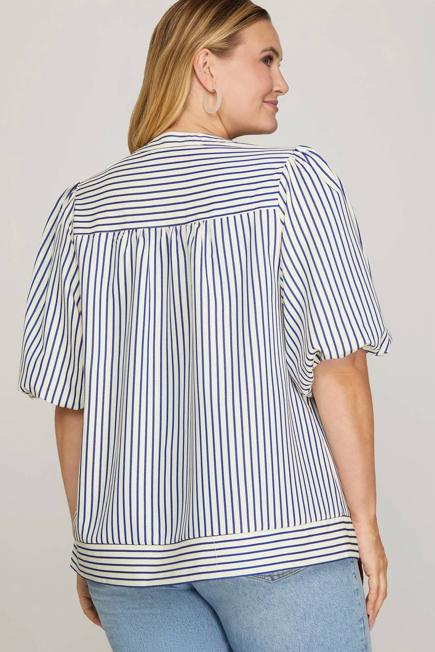 She + Sky - Bubble Sleeve Striped Woven Top