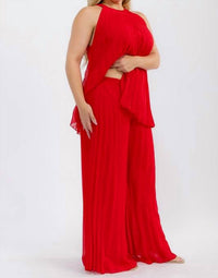 Karen T Design - Pleated Sleeveless Blouse And Elastic Waist Pleated Wide Leg Pants Set