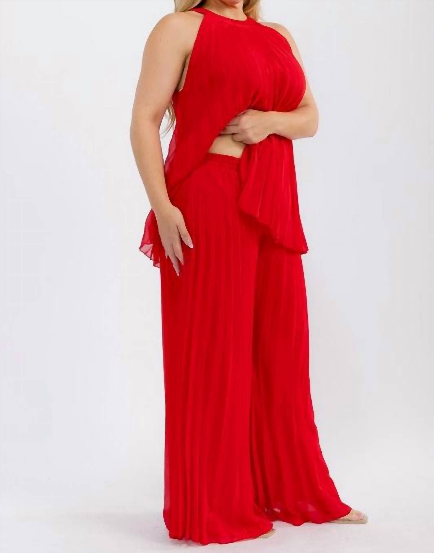 Karen T Design - Pleated Sleeveless Blouse And Elastic Waist Pleated Wide Leg Pants Set