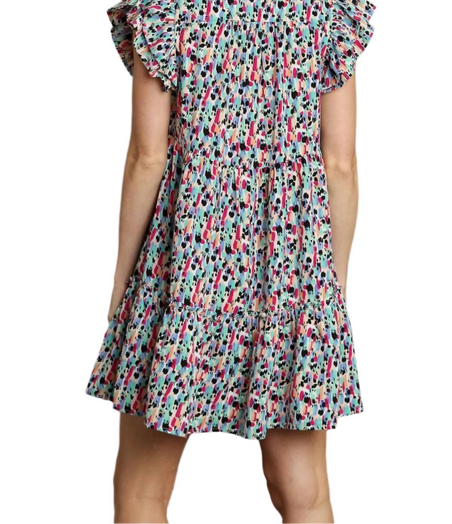 Umgee - Abstract Ruffled Sleeve Tiered Short Dress