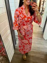 Jade Trimmed Yoke Tunic Maxi Dress in orange petal - women's dress - detail view