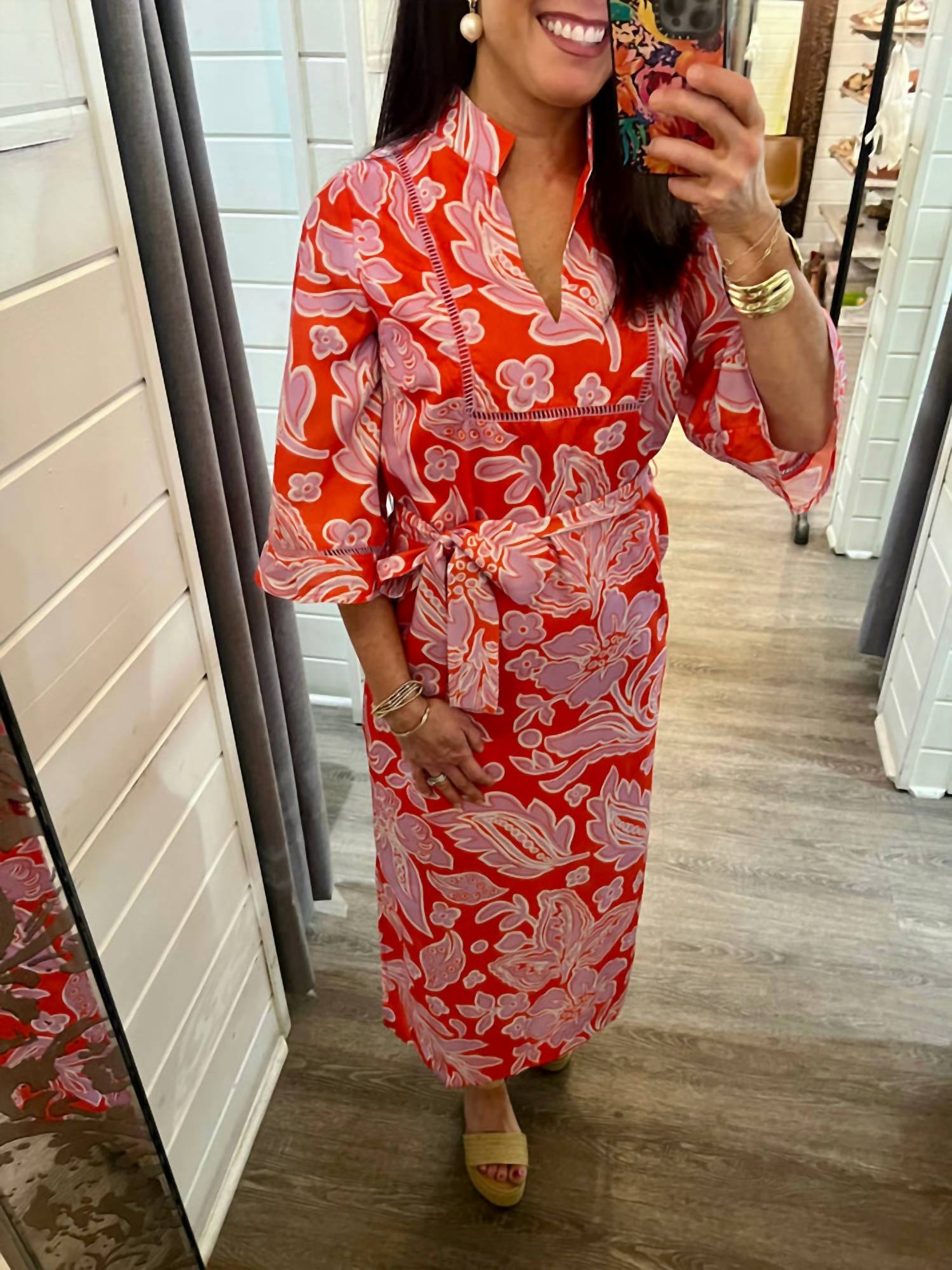 Jade Trimmed Yoke Tunic Maxi Dress in orange petal - women's dress - detail view