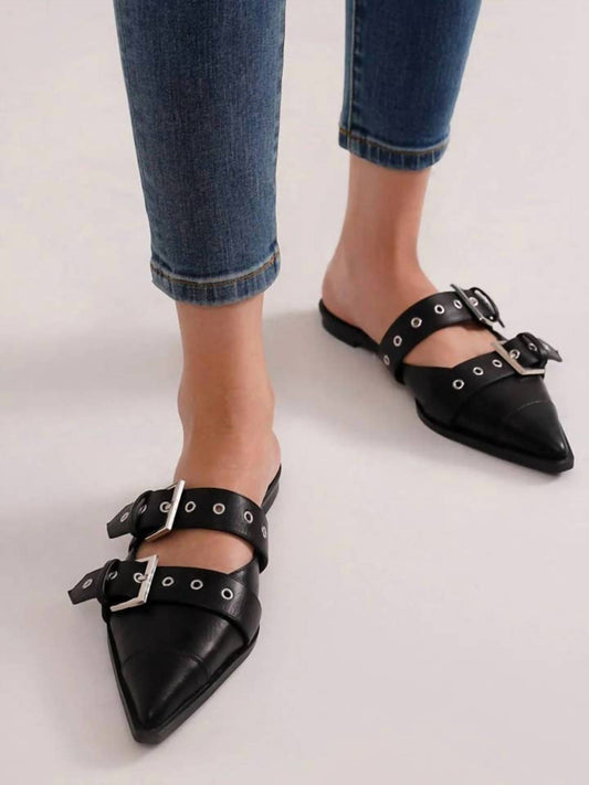 Beast Fashion - Women's Double Buckle Strap Pointed Toe Flat Mules