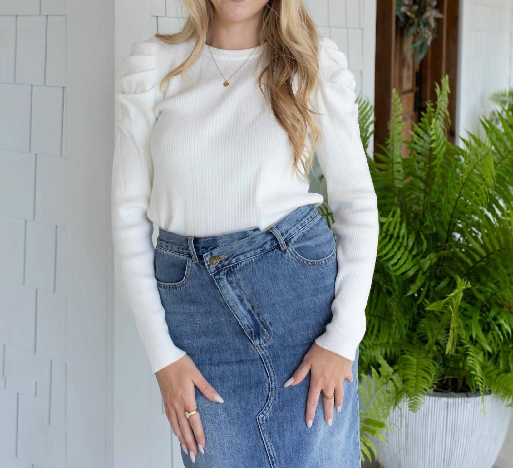 LUMIERE Elegant Puff Sleeve Knit Sweater in white - women's sweater - detail view