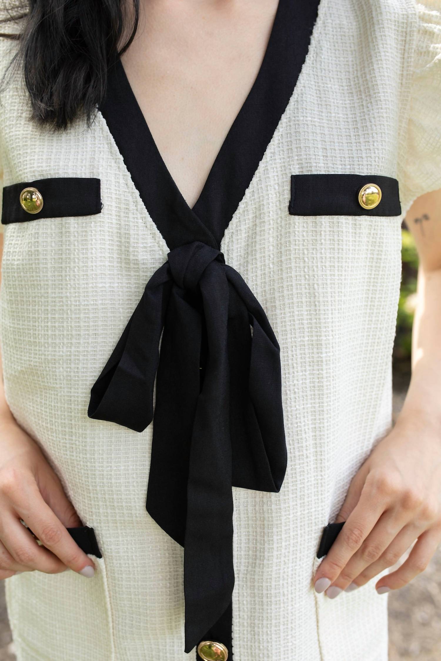 voy Ribbon Ruffle Tweed Mini Dress in cream - women's dress - detail view